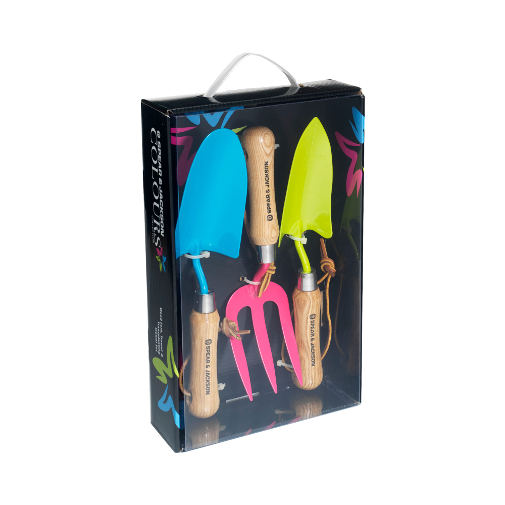 Spear & Jackson Blue Trowel, Pink Weed Fork, + Green Transplanter Set
