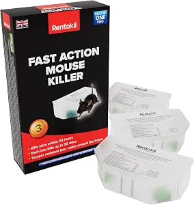 Rentokil Fast Action Mouse Killer Bait Station Four Pack – Pre-Baited Indoor Rodent Control, Kills Mice Within 24 Hours