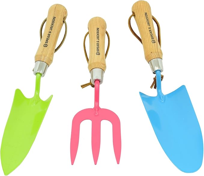 Spear & Jackson Blue Trowel, Pink Weed Fork, + Green Transplanter Set