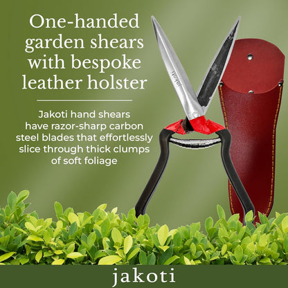 JAKOTI Hand Shears (L30cm) with Handmade Leather Holster. One Handed Garden Shears for Grass, Topiary & Pruning. Sheep Shears for Dagging, Shearing & Trimming. 15cm Steel Blades. 