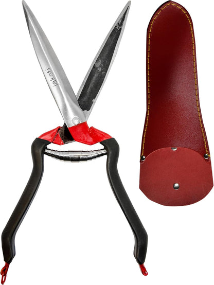 JAKOTI Hand Shears (L30cm) with Handmade Leather Holster. One Handed Garden Shears for Grass, Topiary & Pruning. Sheep Shears for Dagging, Shearing & Trimming. 15cm Steel Blades. 